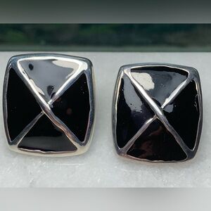 Vintage Silver Black Enamel Clip-On Earrings-Modernist Square 80s Style